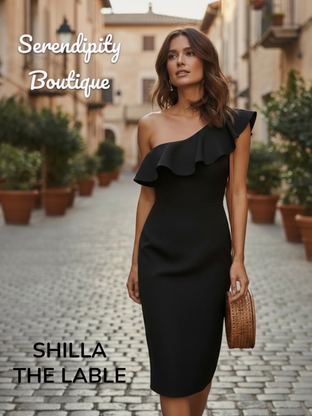 Shilla Designer Classic Lines Ruffle One Shoulder Sheath  Black Satiny Dress